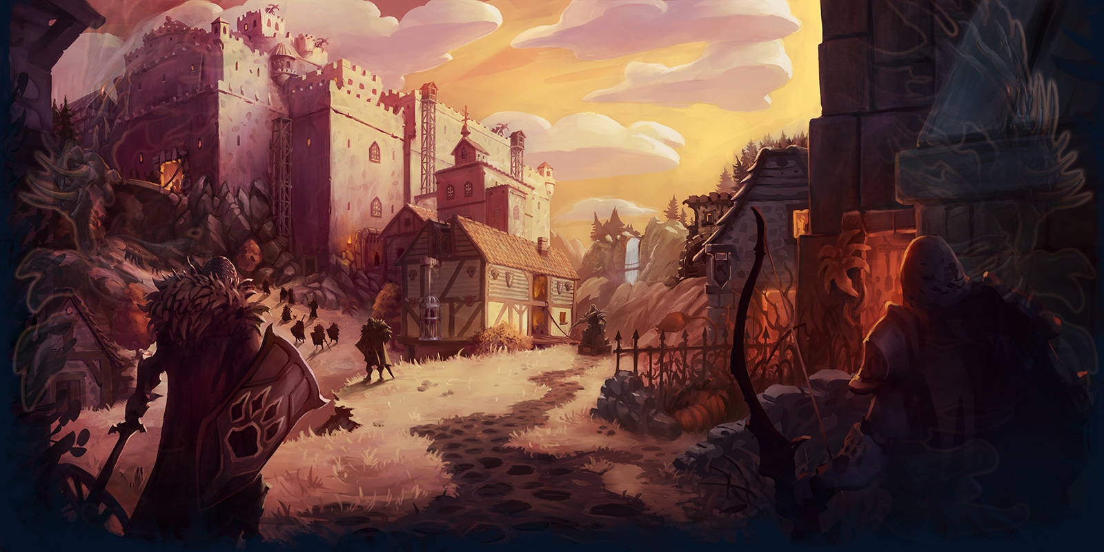 Adventurers approaching a sunlit fantasy city